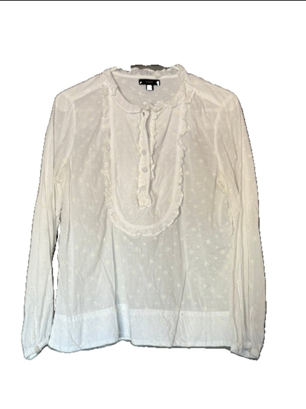 J. Crew White Eyelet Ruffled cotton Bib Front Long Sleeve Women's Top Large